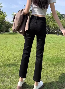 黑色高腰修身直筒牛仔裤女夏2025年春秋新款小个子八九分烟管裤子