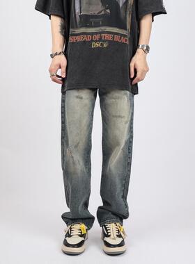 Z POCKET高街美式复古阔腿破洞牛仔裤男款直筒宽松裤子潮牌女夏季