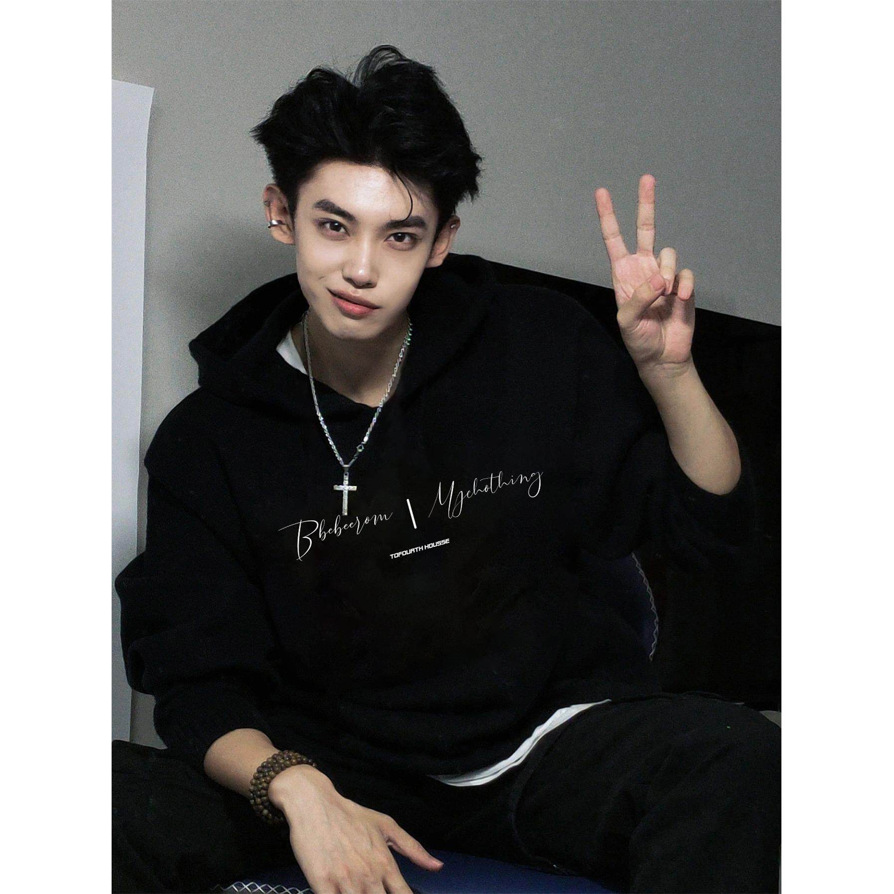 FOMK国潮牌字母印花套头卫衣连帽美式男秋季复古加厚情侣黑色外套