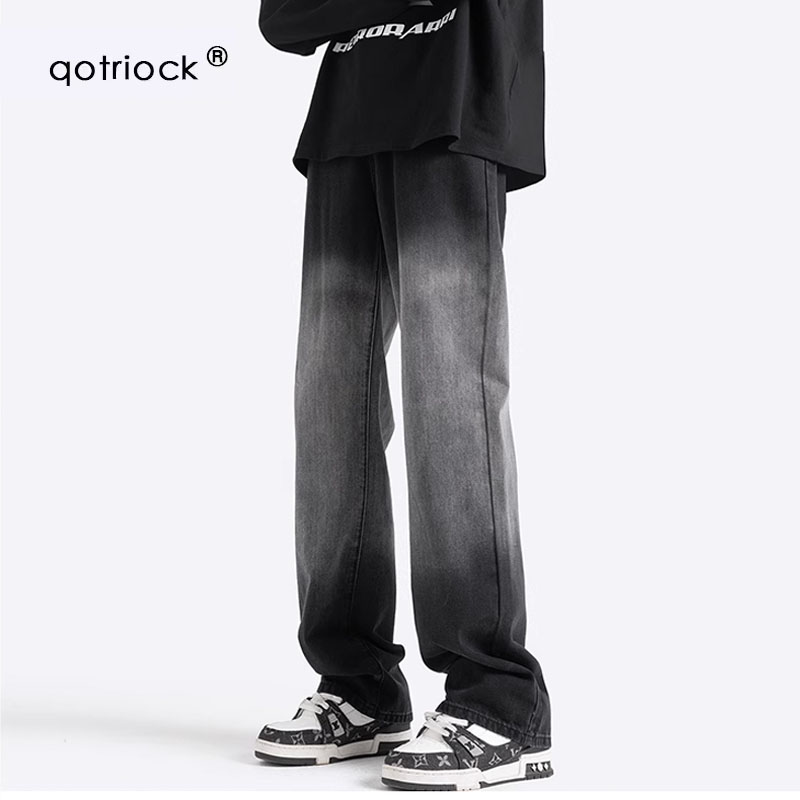 QOTRIOCK美式高街渐变牛仔裤男春秋加绒潮牌宽松直筒裤休闲微喇裤