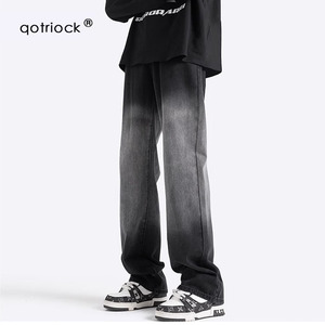QOTRIOCK美式高街渐变牛仔裤男春秋加绒潮牌宽松直筒裤休闲微喇裤