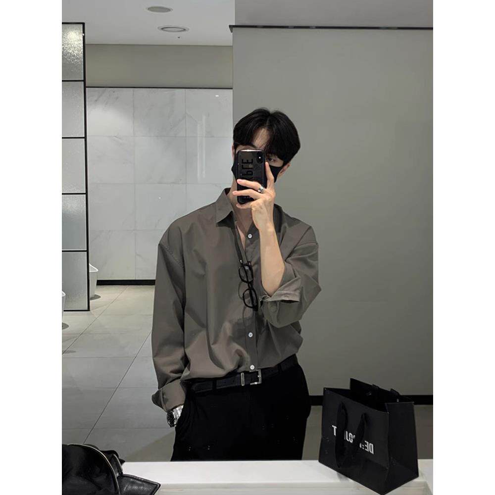 新款轻奢高级感咖色衬衫男长袖韩版宽松衬衣男简约质感潮流上衣男