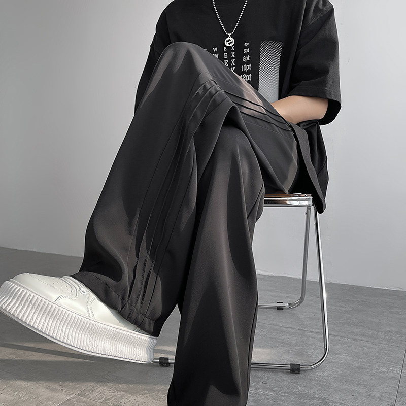 加厚休闲西裤男秋季薄款青少年设计感潮牌宽松阔腿直筒西装长裤子