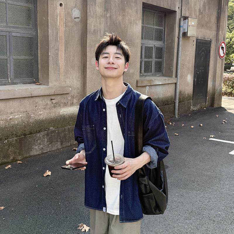 蓝色牛仔衬衫长袖男生春秋季2026新款日常百搭外套上衣衬衣纯色