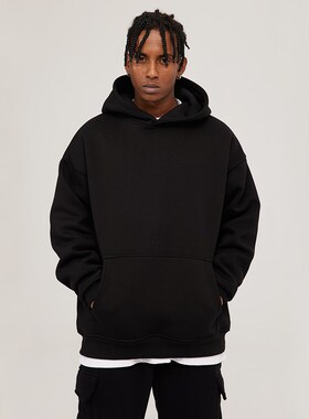 第76人类NMK 重磅500克美式基础纯色百搭宽松男加绒黑色连帽卫衣