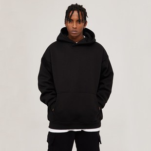 第76人类NMK 重磅500克美式基础纯色百搭宽松男加绒黑色连帽卫衣