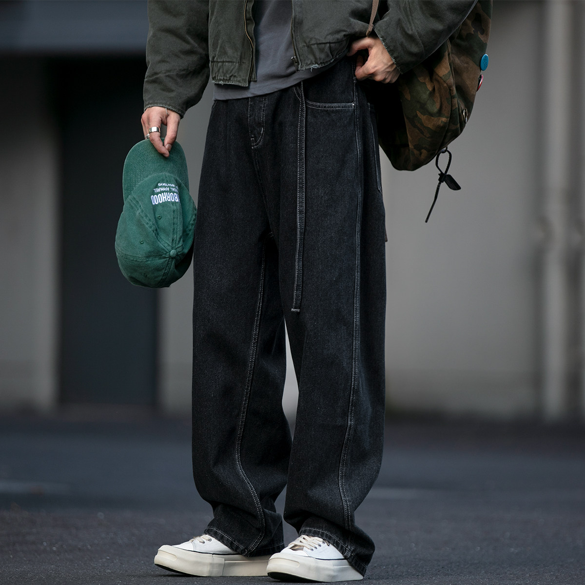 日系潮牌系绳绑带明线设计牛仔裤男宽松直筒裤水洗百搭廓形哈伦裤