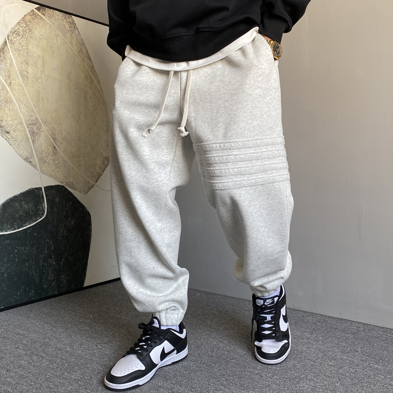 春秋季美式休闲痞帅高端条纹灰色卫裤男宽松抽绳百搭运动束脚裤子