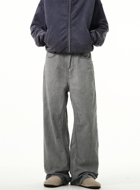 MADWITCH复古灰色直筒牛仔裤男做旧dirtyfit美式休闲微喇阔腿裤子