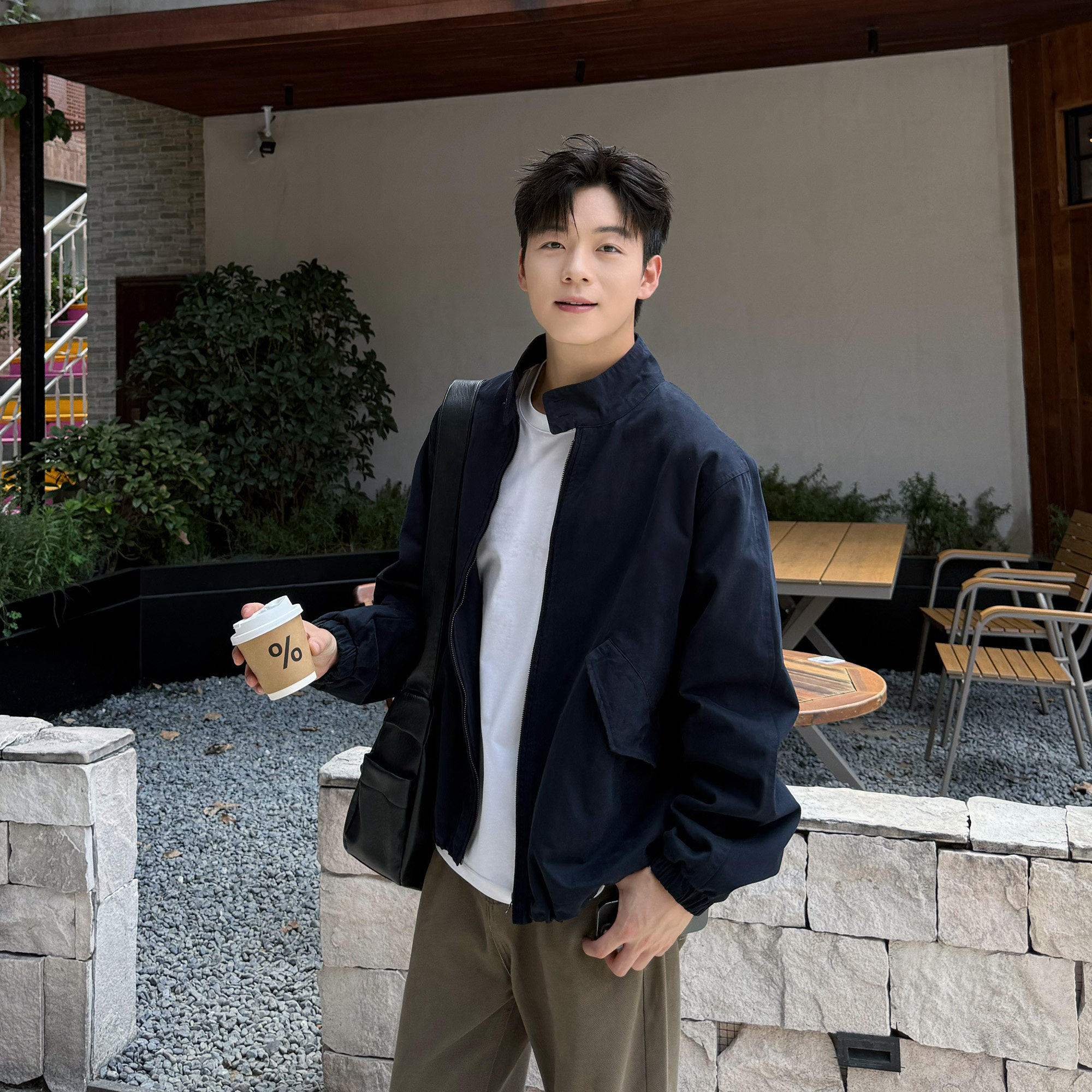 局外青年藏青工装哈灵顿