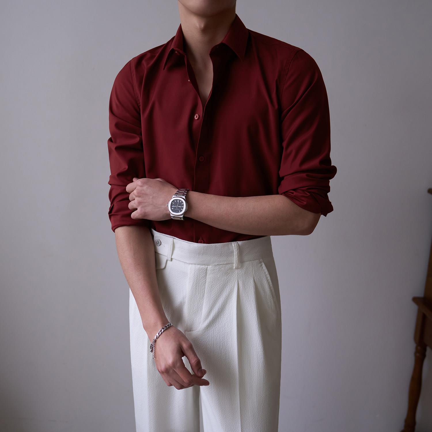 免熨烫衬衫男梭织丝滑垂感商务正装酒红色结婚宴会绅士雅痞长袖衬