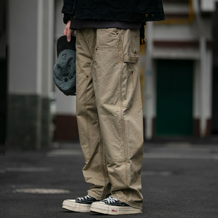 潮 男春秋宽松B01直筒休闲长裤 日系复古多口袋水洗双膝伐木工装 裤