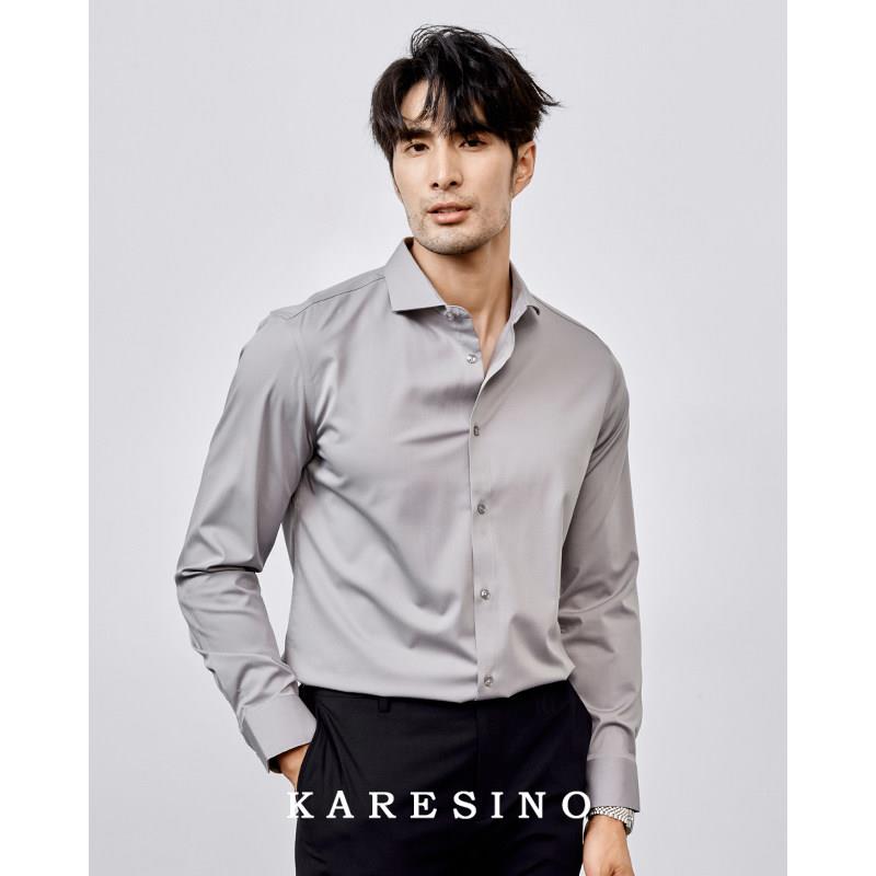KARESINO莫代尔男士商务抗皱灰色衬衣修身休闲免熨烫长袖白色衬衫