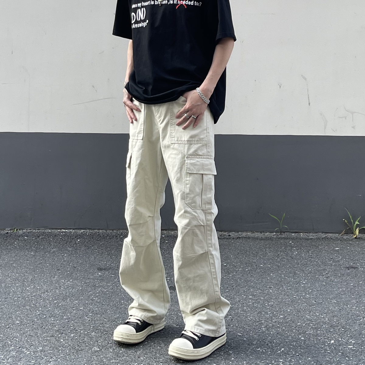 LEFT7 多口袋米白色工装裤男美式潮牌机能直筒高级感垂感阔腿长裤