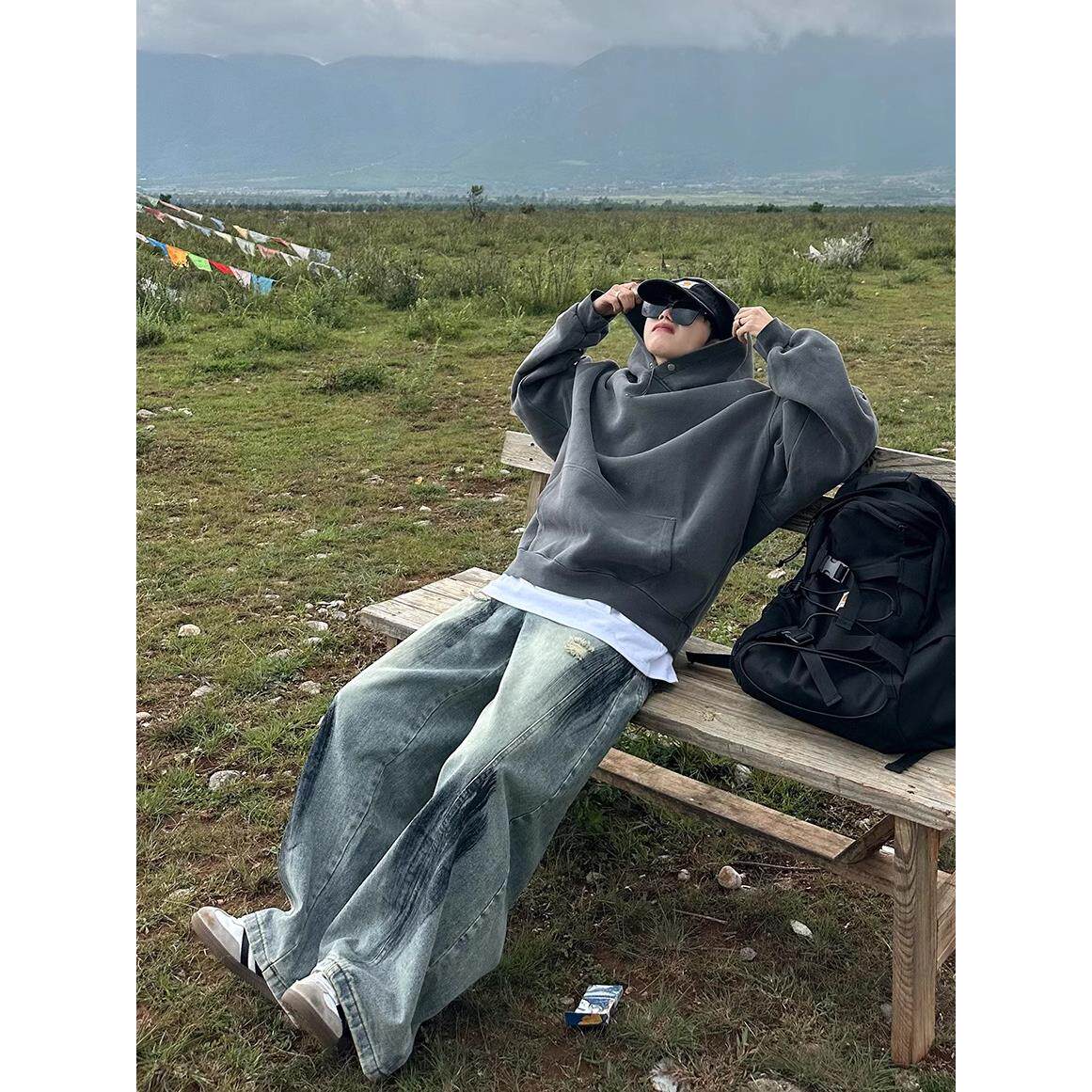 XBRO美式复古灯笼廓形锥形涂鸦破洞显瘦垂感拖地男女阔腿牛仔裤潮