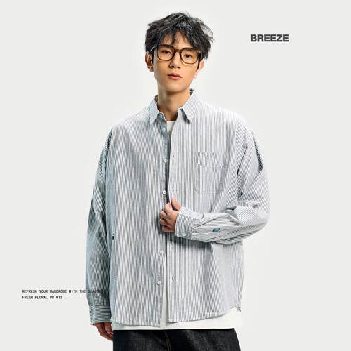 日系cityboy条纹衬衫男士长袖清爽纯棉春季休闲衣服潮流男生衬衫