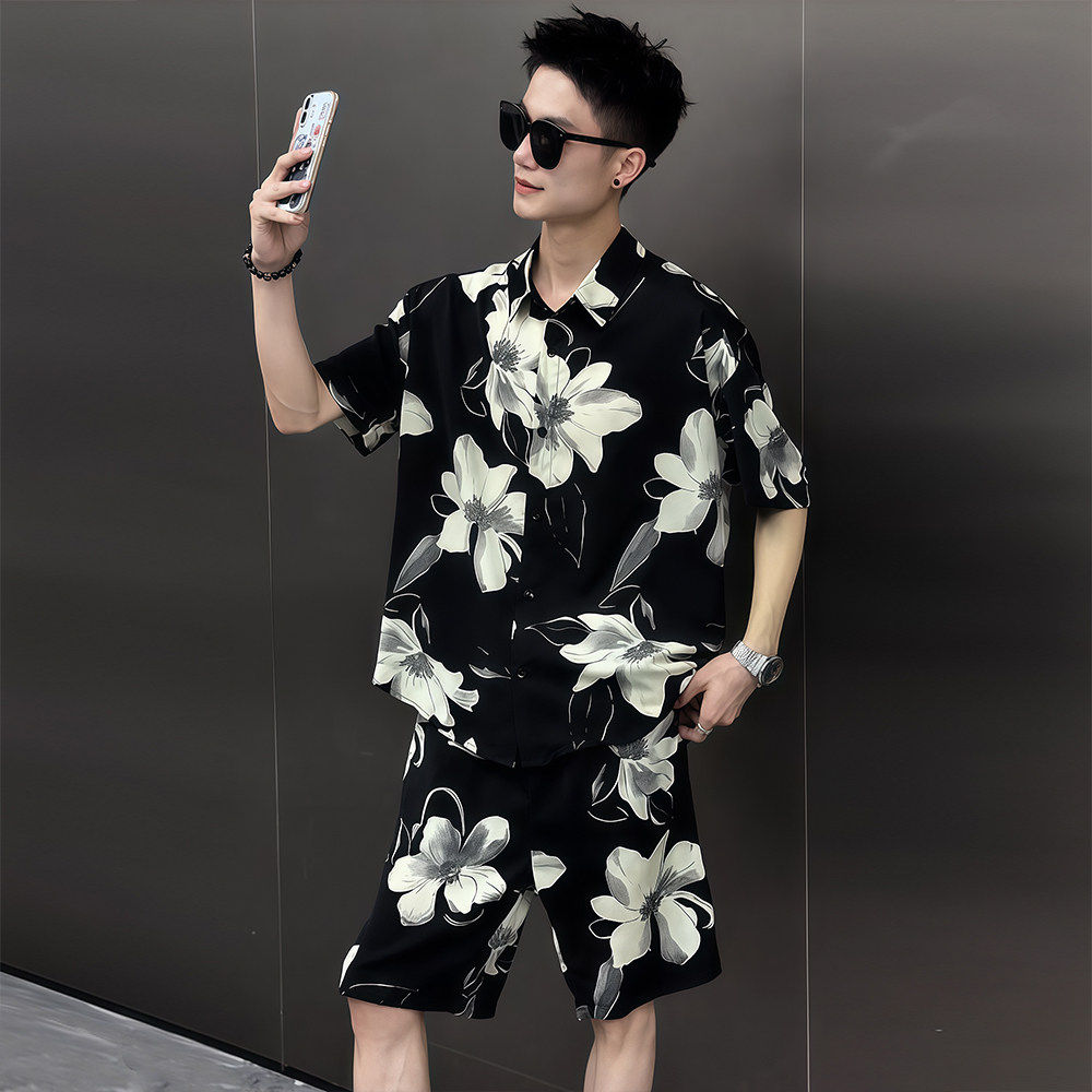 夏季花色短袖衬衫套装男