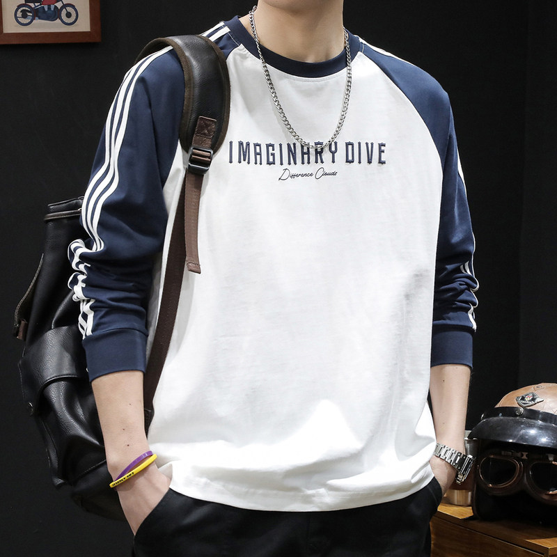 条纹三条杠拼接长袖t恤男纯棉宽松大码2026新款男士打底内搭衣服