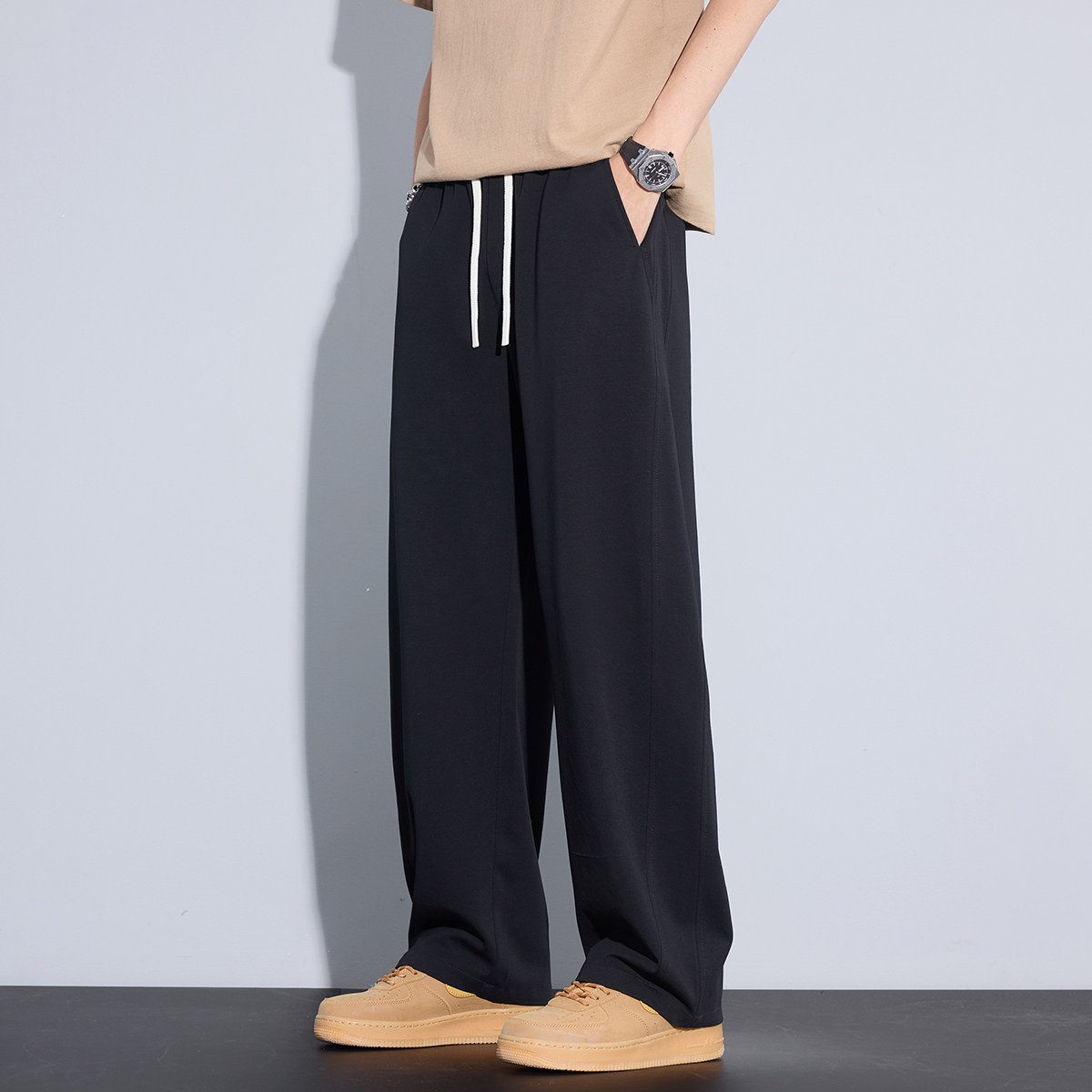 Kuvine秋季美式风宽松弯刀裤高街vibe直筒休闲裤男款针织运动卫裤