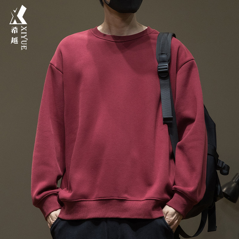 2025春秋新款重磅红色卫衣男士大码秋冬加绒内搭纯色长袖打底衫男