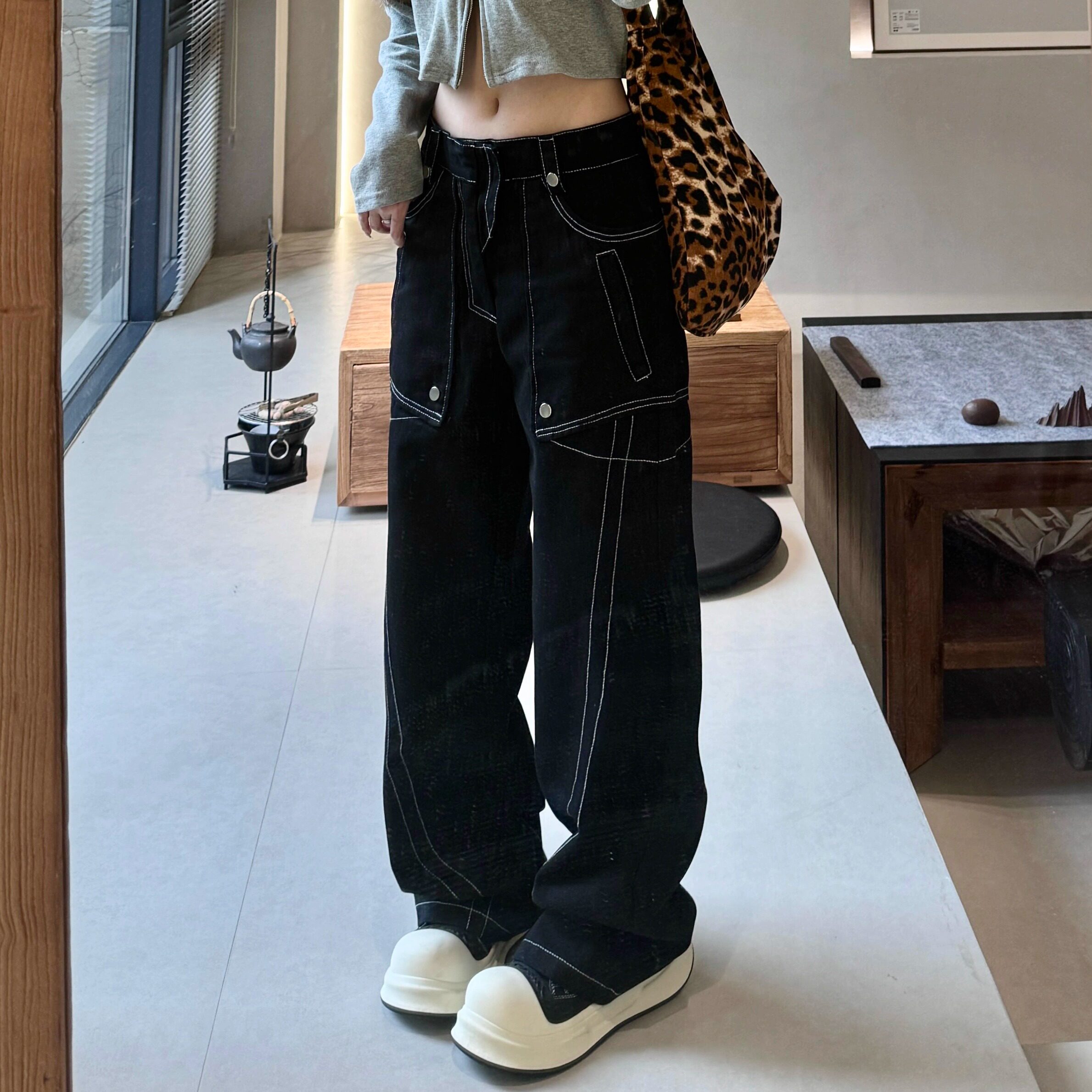 JADEQILIN美式复古个性明线设计直筒牛仔裤美式宽松阔腿裤男女款