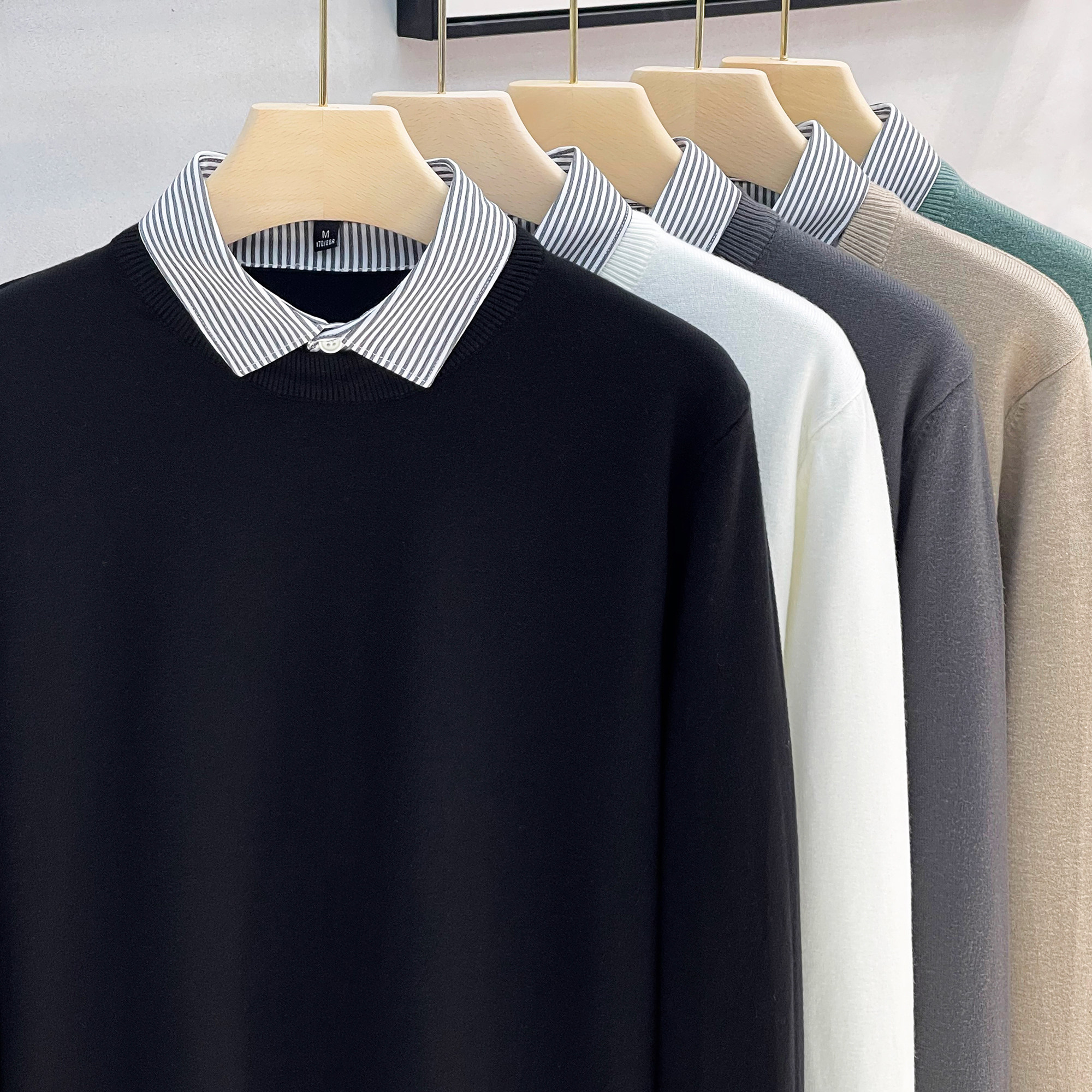 衬衫领假两件毛衣男士秋冬款2025新款打底衫保暖冬季男士针织衫潮