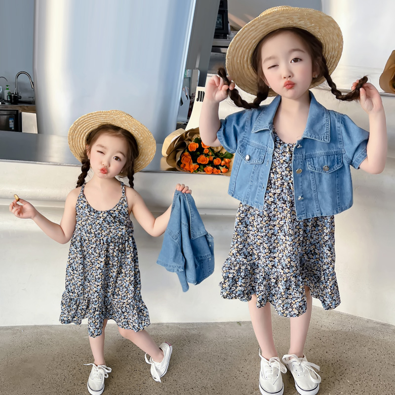 女童两件套裙子夏季2023新款儿童宝宝时髦网红牛仔马甲套装裙夏装