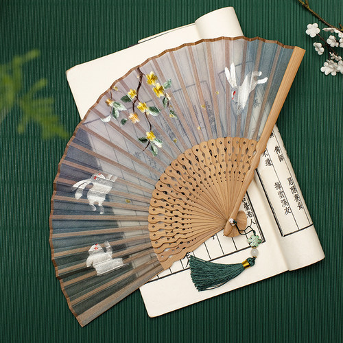 古风汉服旗袍玉竹竹便携苏绣扇子