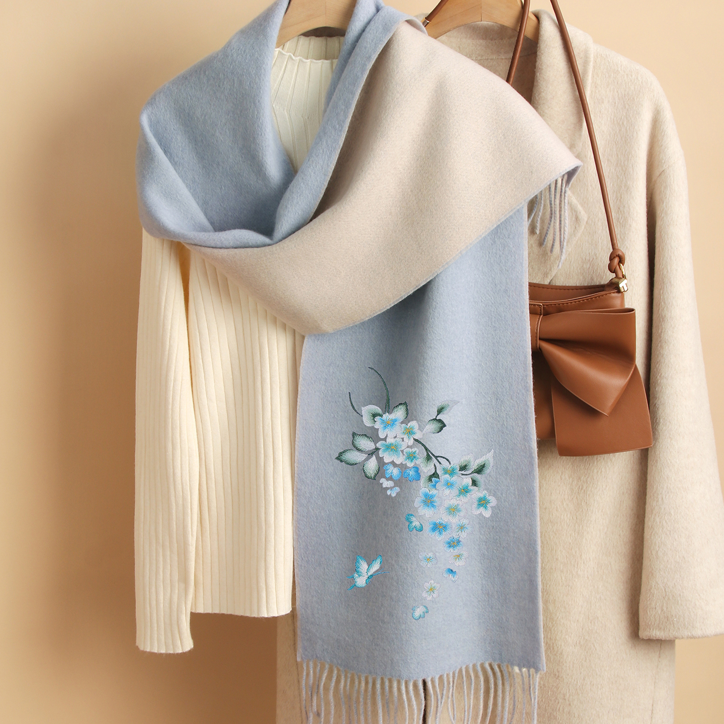 围巾+胸针二件套送妈妈羊毛围巾