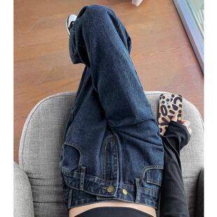 蓝灰色高腰阔腿牛仔裤女春秋2026年新款大码设计感宽松显瘦直筒裤