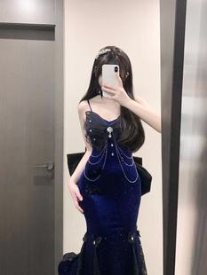 CherryKitty蝶梦细闪丝绒蝴蝶大拖尾气质御姐鱼尾裙轻礼服红蓝