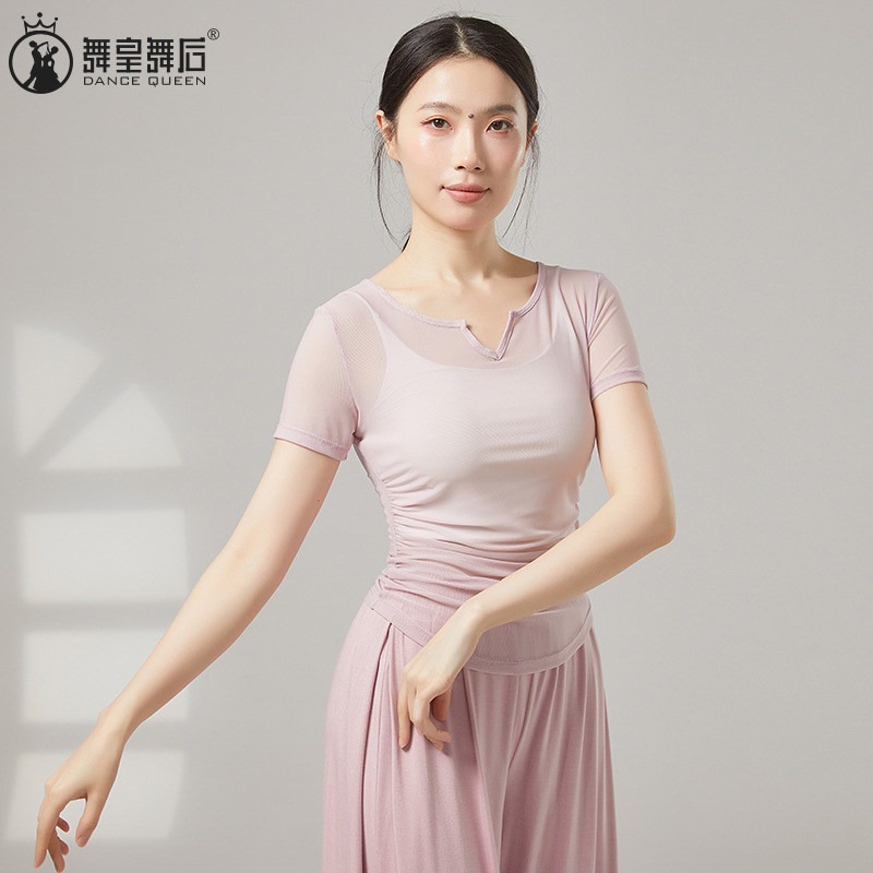 舞蹈服上衣弹力网纱古典罩衫V领