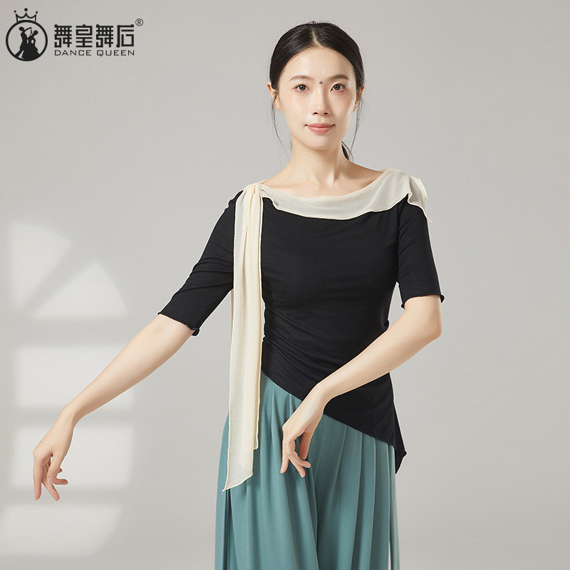 现代舞练功服网纱拼接不规则上衣