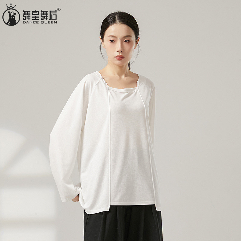 设计感白色长袖t恤春夏新款现代舞舞蹈上衣日常穿搭宽松男女同款
