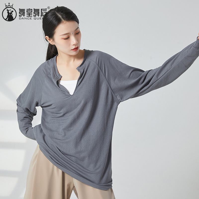 舞蹈生穿搭宽松深v长袖T百搭上衣