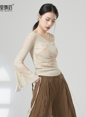 现代舞长袖上衣形体服中国古典舞蹈练功服女绑带印花舞蹈服夏季