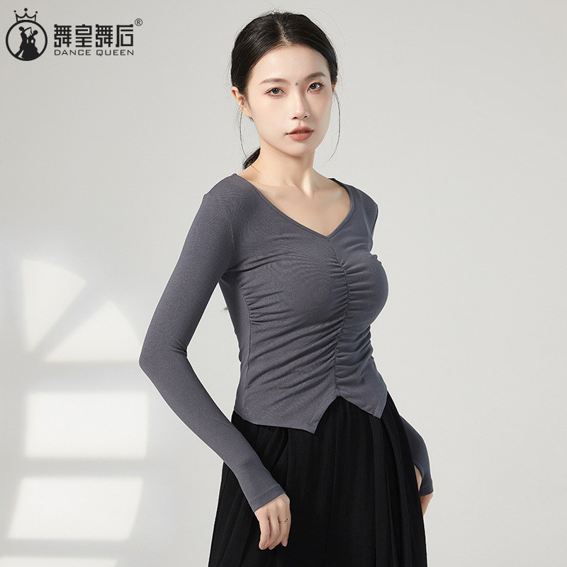 V领褶皱套指长袖上衣修身形体服