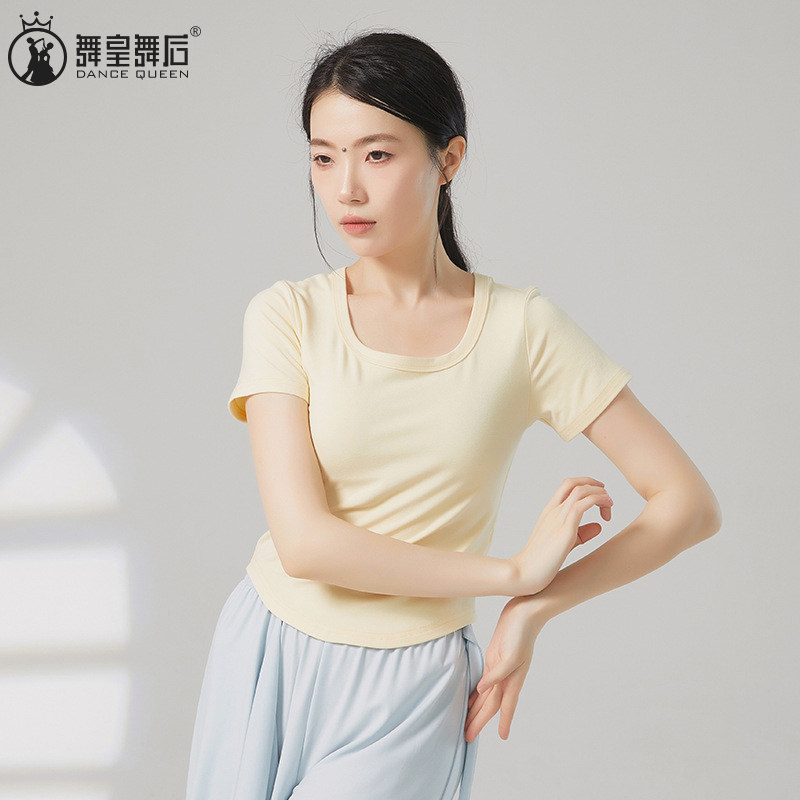 纯欲风弧形U领短袖T恤女练功服