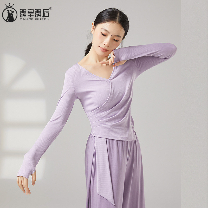舞蹈服交叉修身长袖套指上衣女