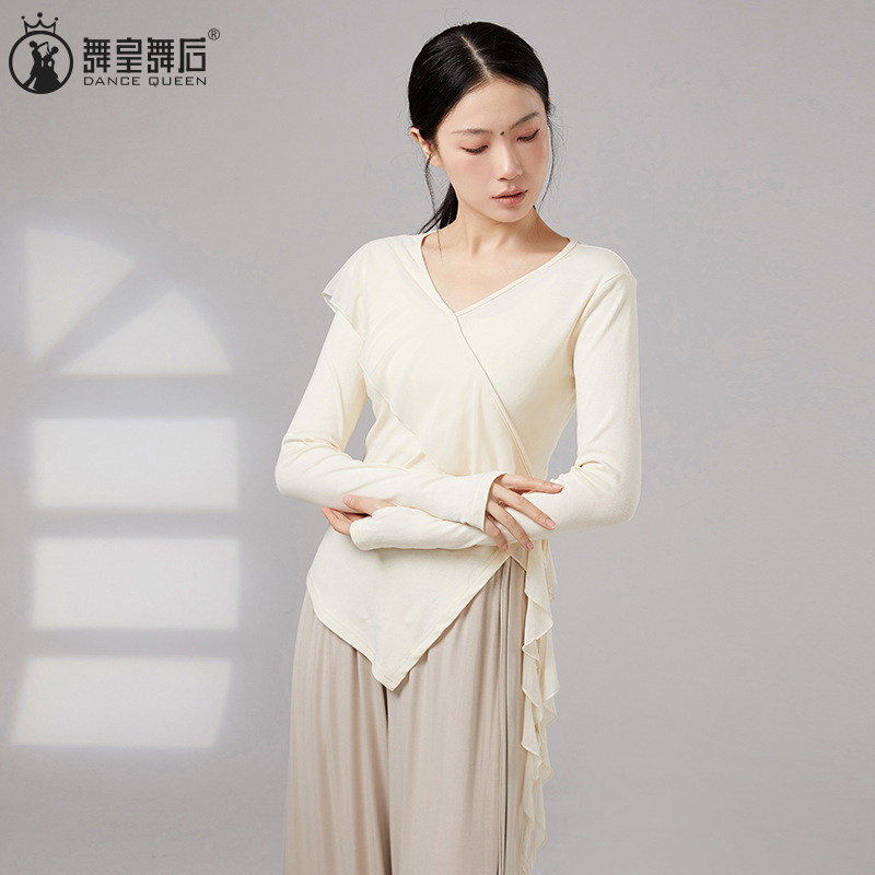 练功服女网纱拼接不规则长袖上衣