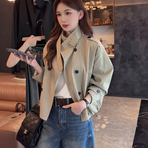 卡其色韩版气质短款小个子外套女