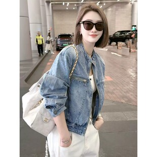 牛仔外套女休闲夹克上衣潮 复古港风立领烫钻拉链短款 2026春季 新款