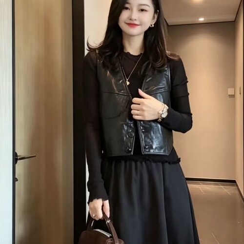 韩版复古V领PU皮显瘦女马甲