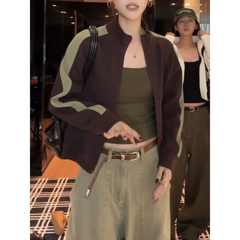 高级感咖色立领拉链短外套女图片