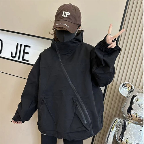 欧货斜拉链连帽外套女冲锋衣上衣