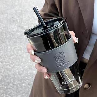 轻奢高颜值咖啡杯玻璃水杯带皮套吸管杯子开业礼品定制图案印logo