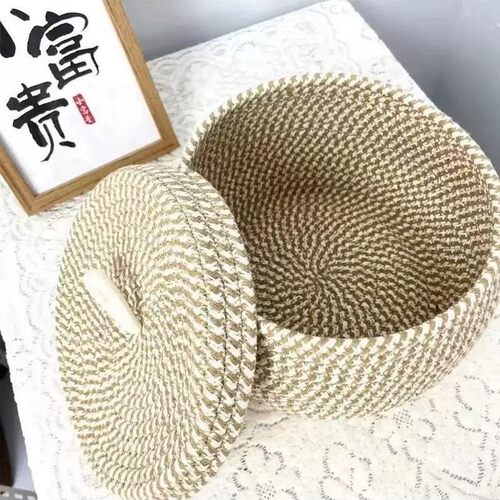 编织圆形带盖多功能收纳篮