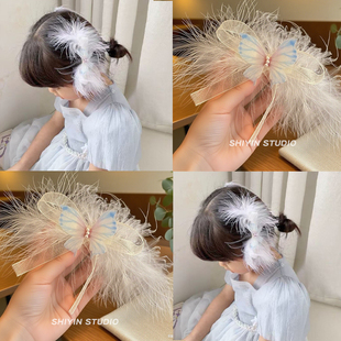 宝宝甜美发卡侧边夹女童表演发饰 韩系儿童超仙蝴蝶结羽毛发夹新款