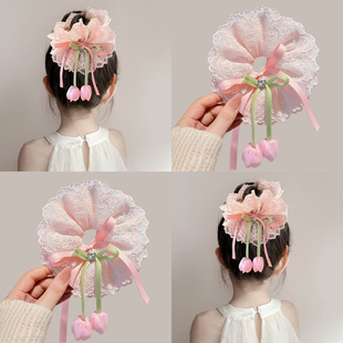 儿童郁金香飘带蕾丝大肠发圈新款女童镂空扎发头绳公主头花发饰品