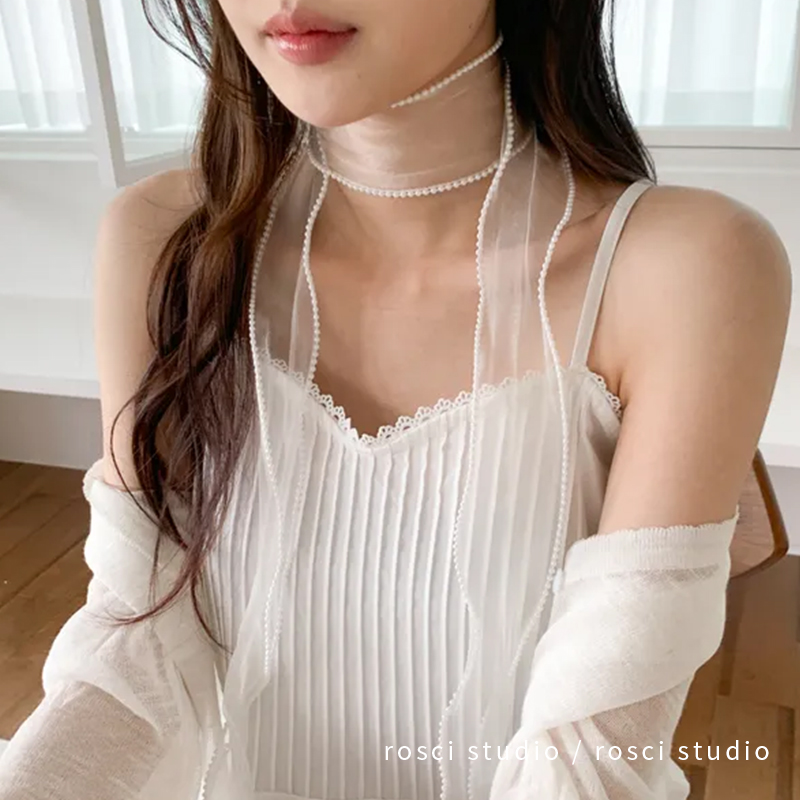 设计感复古蕾丝发带丝巾绑发头饰飘带珍珠腰带夏季薄款长条颈饰女